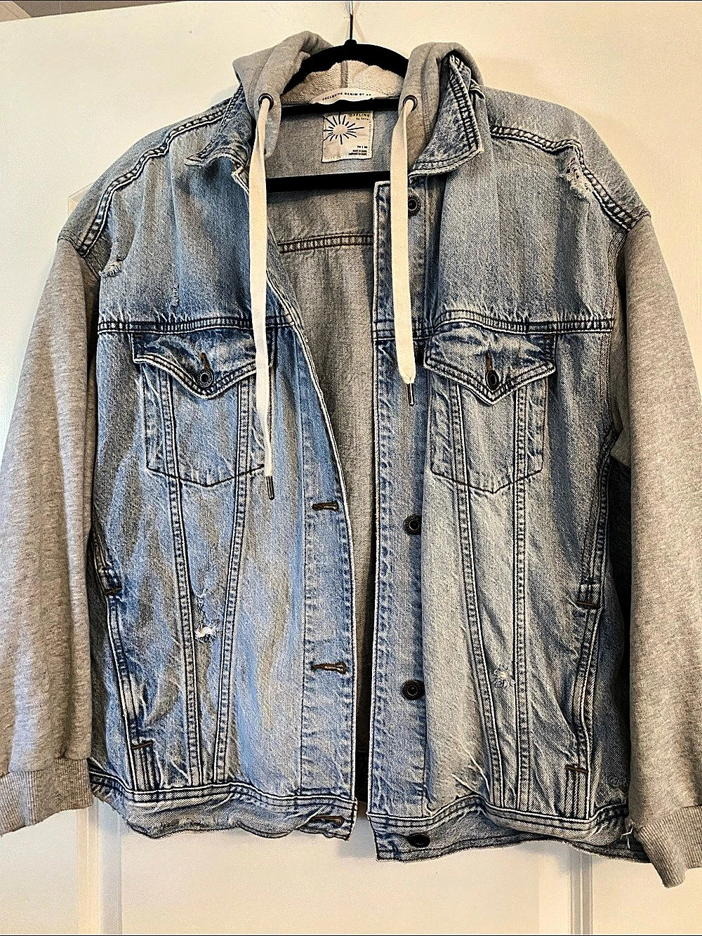 Aerie distresses denim jacket with hood